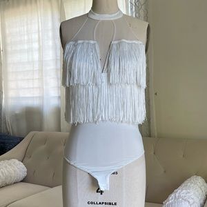 White Halter backless tassel front bodysuit -S